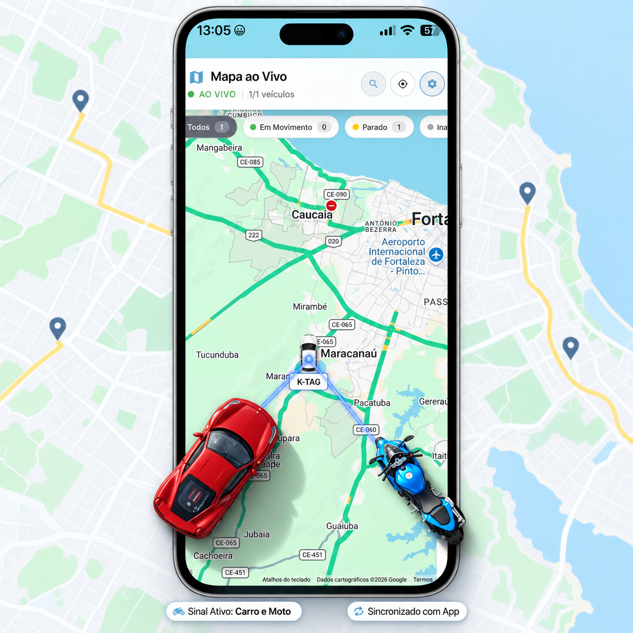 Celular com mapa de localização, carro vermelho e moto azul